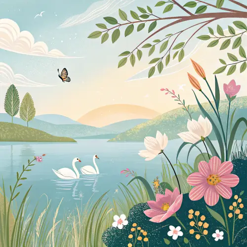 Coloring Page: Serene Nature Scene with Swans & Butterflies