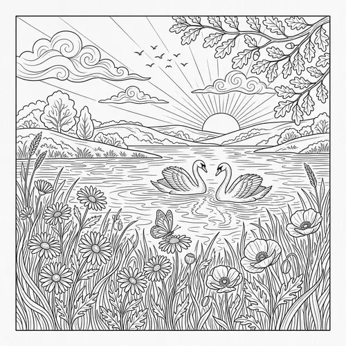 Coloring Page: Serene Nature Scene with Swans & Butterflies