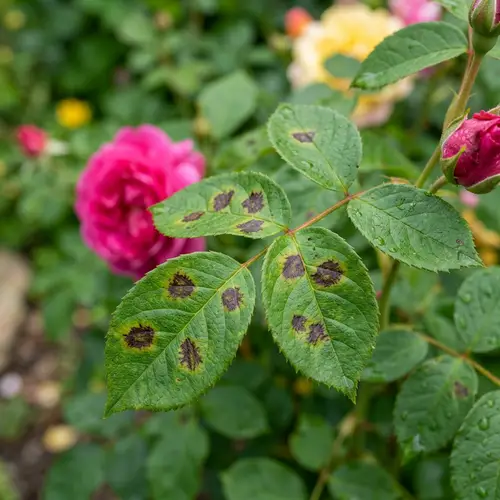 Vibrant Rose Bush with Black Spot Fungi Details | Botanical Beauty