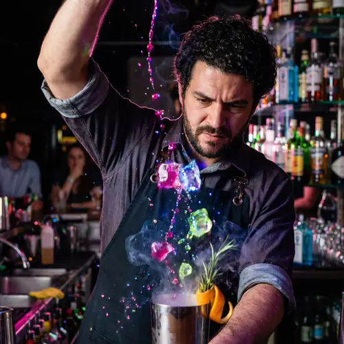 Hispanic Mixologist Creating Visually Breathtaking Cocktail | High-Speed Photography
