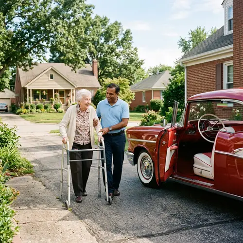 Heartwarming Elderly Care Scene with Classic Car in Sunny Suburbia