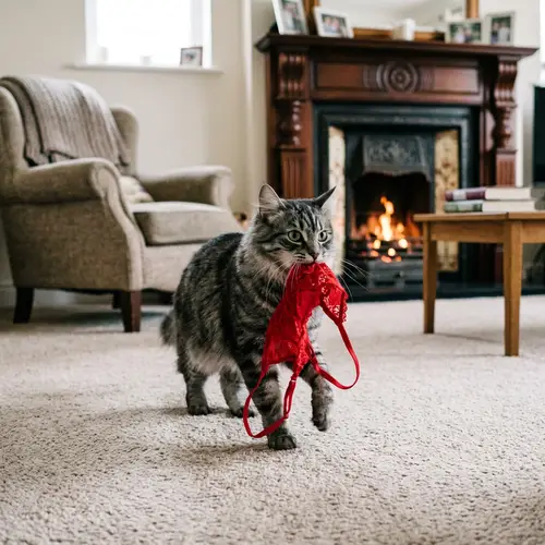 Adorable Cat Playing with Red Lace - Cute Feline Antics at Home