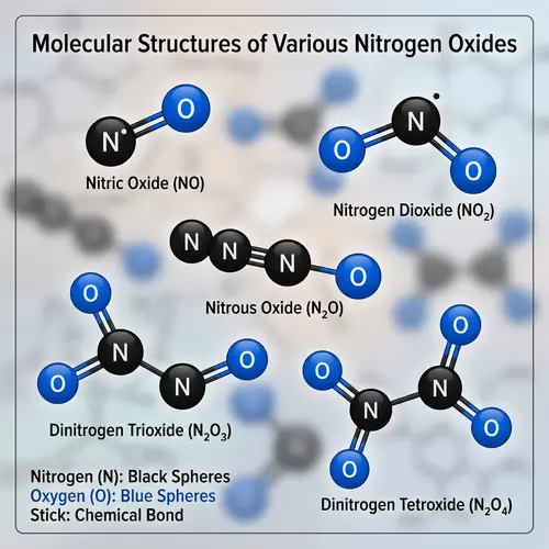 Detailed Molecular Structure of Nitrogen Oxides - Color-Coded Atoms