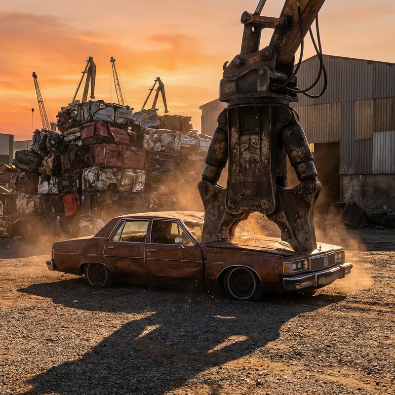 Car Crush Scene: Intense Flattening at Auto Scrap Yard Car Crush Scene: Intense Flattening at Auto Scrap Yard