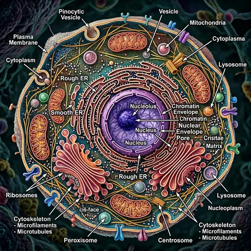 Detailed Biological Cell Structure: Nucleus, Mitochondria, Ribosomes, ER