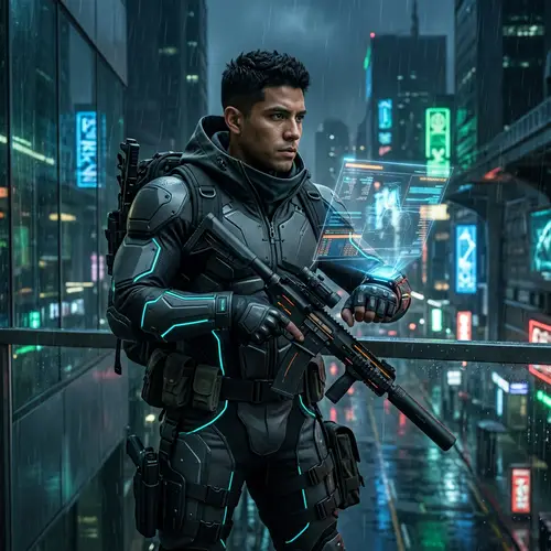 Futuristic Hispanic Male Agent for High-Tech Espionage Game