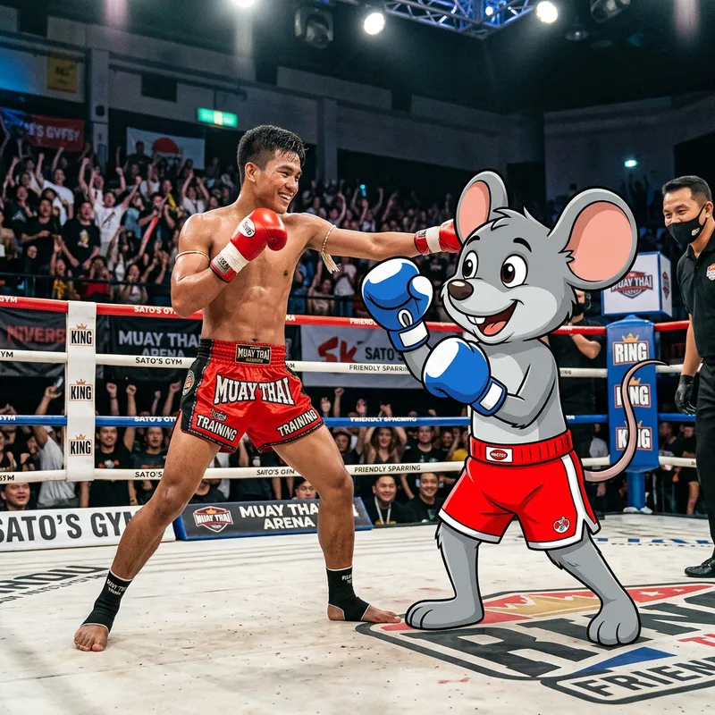 Young Man's Muay Thai Fight with Mickey Mouse