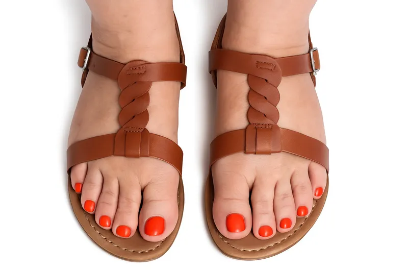 Caucasian Woman's Feet in Sandals with Orange Toes