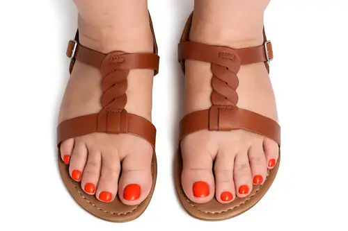 Caucasian Woman's Feet in Sandals with Orange Toes
