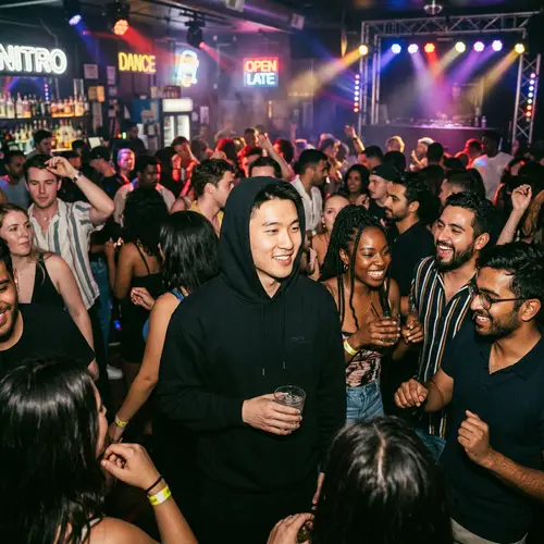 Diverse Crowd in Energetic Club with East Asian Man in Hoodie