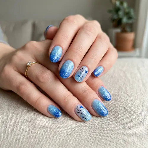 Blue Gradient Nail Design with Hearts