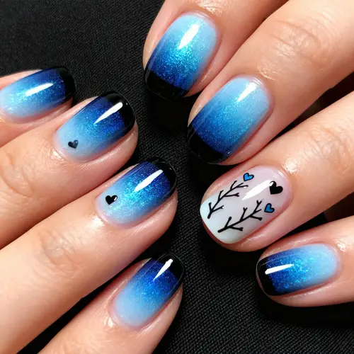 Blue Gradient Nail Design with Hearts