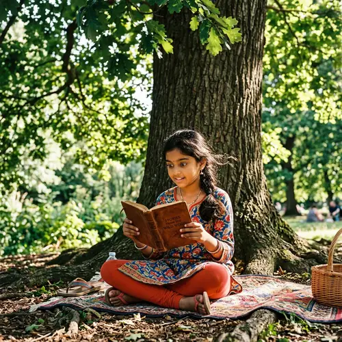 Captivating Scene of a South Asian Girl Reading Under Oak Tree