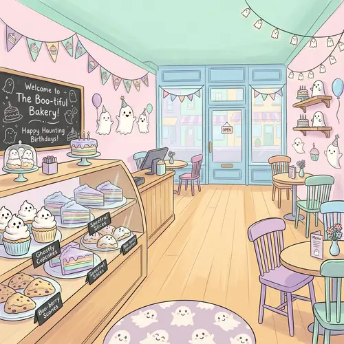 Whimsical 2D Cafe in Bright Pastel Colors | Ghost-Themed Birthday Venue
