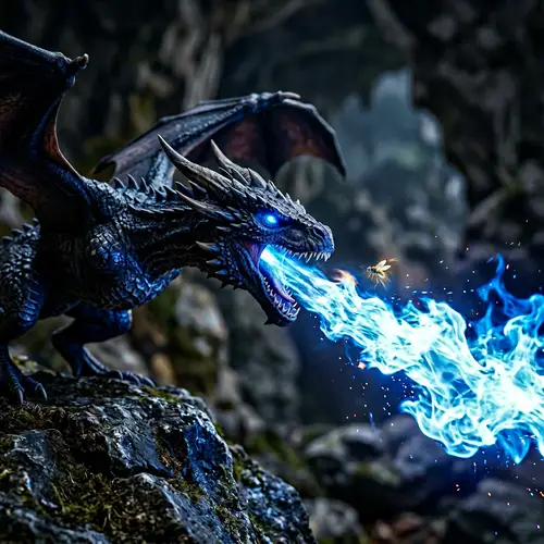 Dark Juvenile Dragon Expelling Blue Fire - Intriguing Encounter