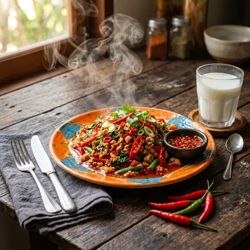 Fiery Delight: Spicy Cuisine & Chilli Peppers on a Colorful Plate