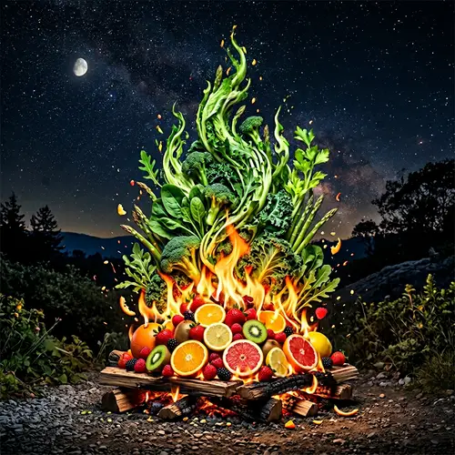 Fruit and Vegetable Fire Art: Vibrant Flames Sculpted Creatively