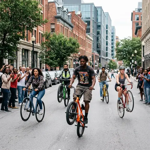 Diverse Bicycle Riders Performing Wheelies in Urban Street Setting