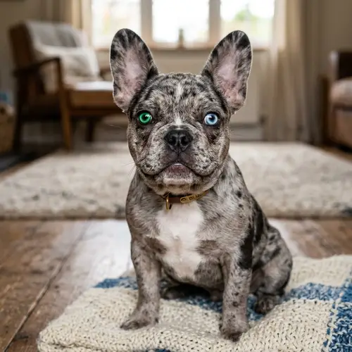 Blue Merle French Bulldog with One Green Eye and Blue Eye