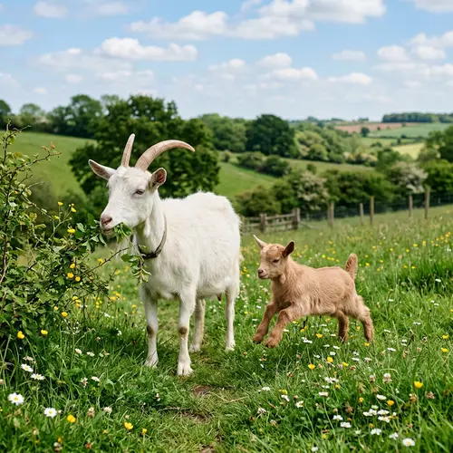 Mother and Baby Goat | Pastoral Scene in a Green Meadow