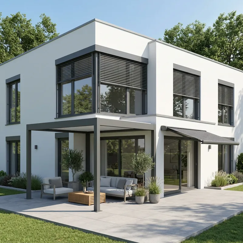 Realistic 3D Visualization of Modern House with Aluminum Blinds, Pergolas, and Hinged Awning