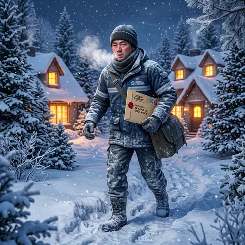 Winter Courier Delivering Sealed Contract Envelope in Snowy Landscape