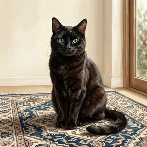 Detailed Illustration of Domestic Short-Haired Cat in Black with Emerald Eyes