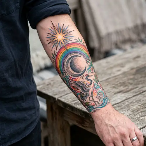 Colorful Arm Tattoo Design with Star, Rainbow, Moon, and Crane