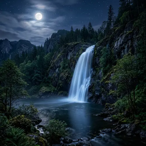 Moonlit Waterfall Scene: Capturing Tranquility in Cool Colors