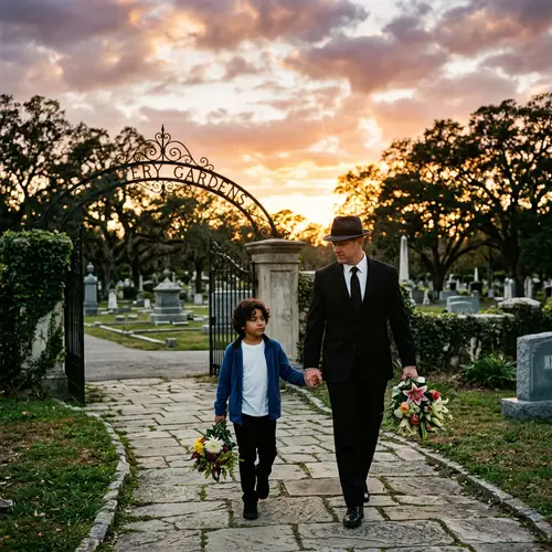 Father and Son Visit Cemetery at Sunset