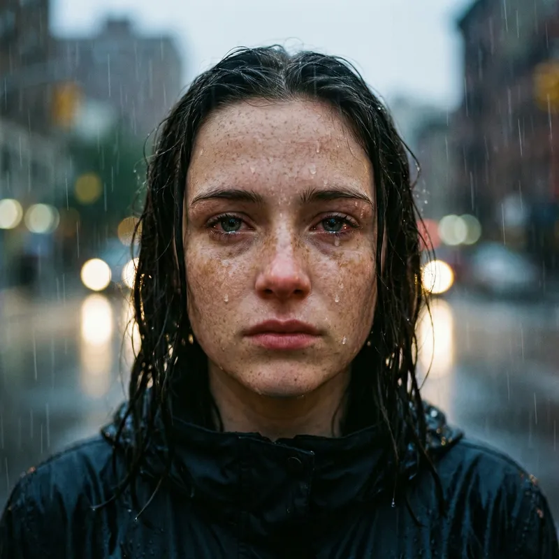 Emotional 4K Portrait of a Young Woman in the Rain