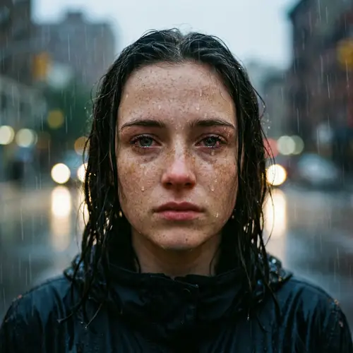 Emotional 4K Portrait of a Young Woman in the Rain
