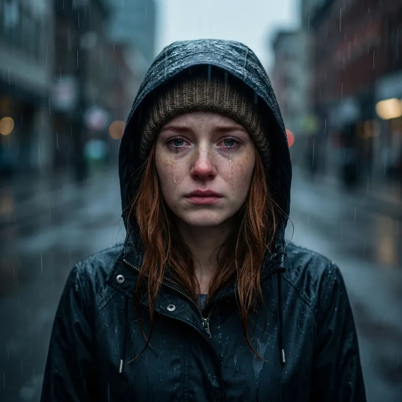 Dramatic Portrait of a Freckled Woman in Rain - 4K