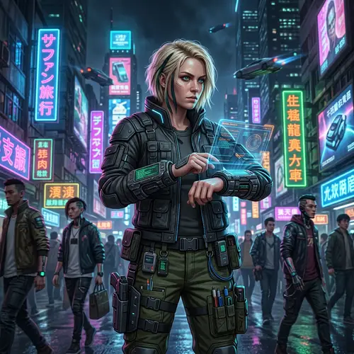 Blonde Netrunner Woman in Cyberpunk Setting