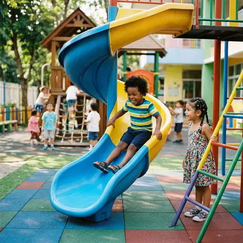 Joyful Black Kindergarten Boy Sliding Down Slide | Latino Girl Waiting