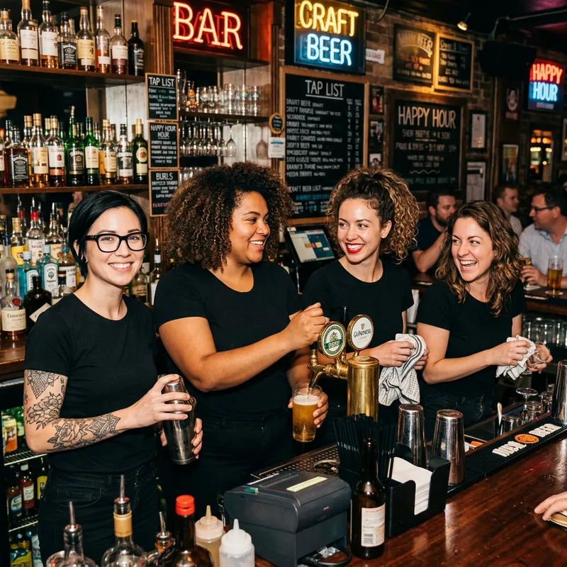 Four Stylish Women Behind a Bar Counter Four Stylish Women Behind a Bar Counter