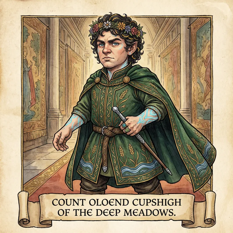 Appearance of Count Oloend Cupshigh, Halfling Noble in Dungeons & Dragons Style Appearance of Count Oloend Cupshigh, Halfling Noble in Dungeons & Dragons Style