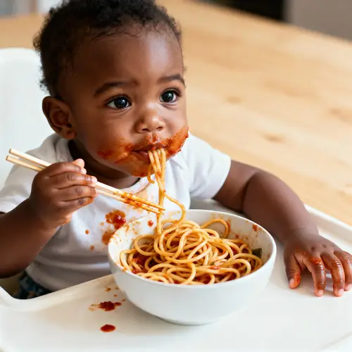 Cute Black Baby Enjoying Noodles