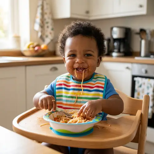 Cute Black Baby Enjoying Noodles
