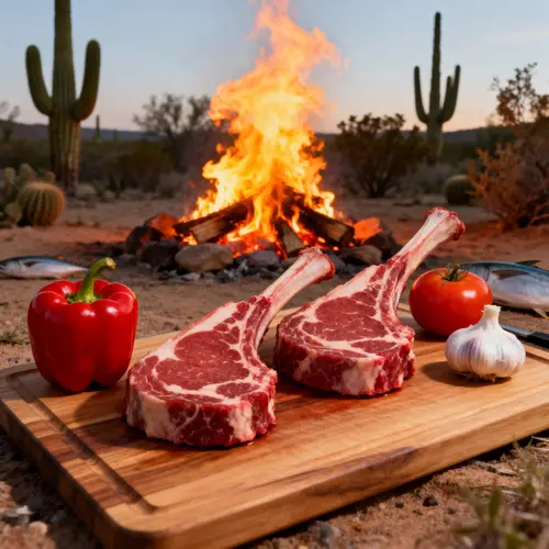 Stunning Raw Tomahawk Steaks with Campfire Background