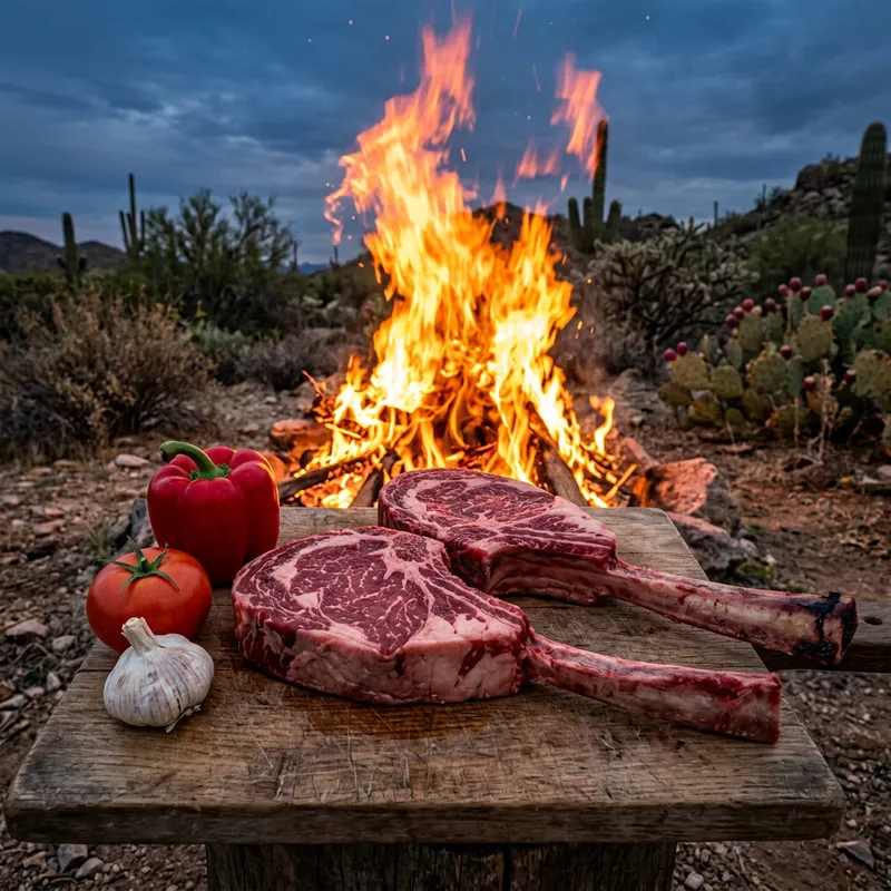 Stunning Raw Tomahawk Steaks with Campfire Background