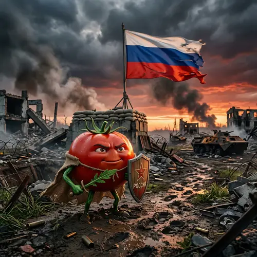 Brave Tomato Standing in Russian Battlefield