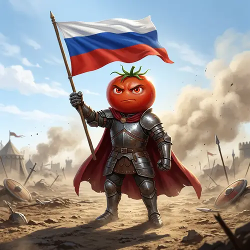 Heroic Tomato Character Waving Russian Flag in Battlefield