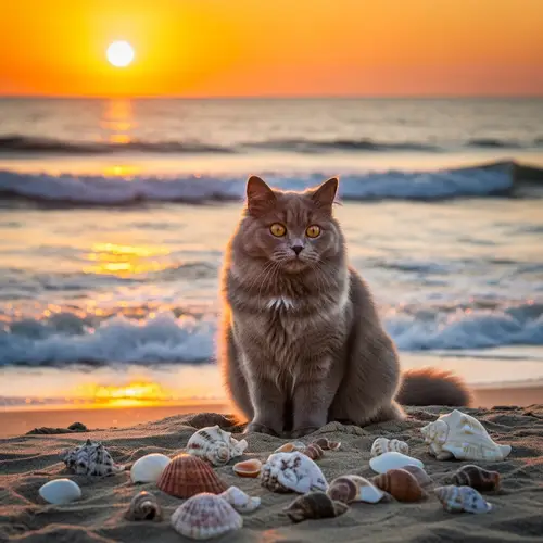 Sunset Ocean Cat with Seashells - Serenity