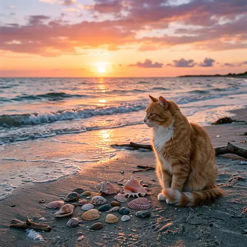 Sunset Ocean Cat with Seashells - Serenity
