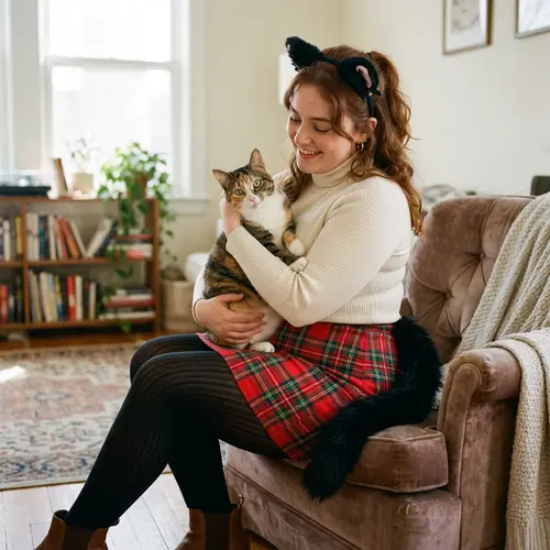 Cute Curvy Girl with Cat Ears and Tail