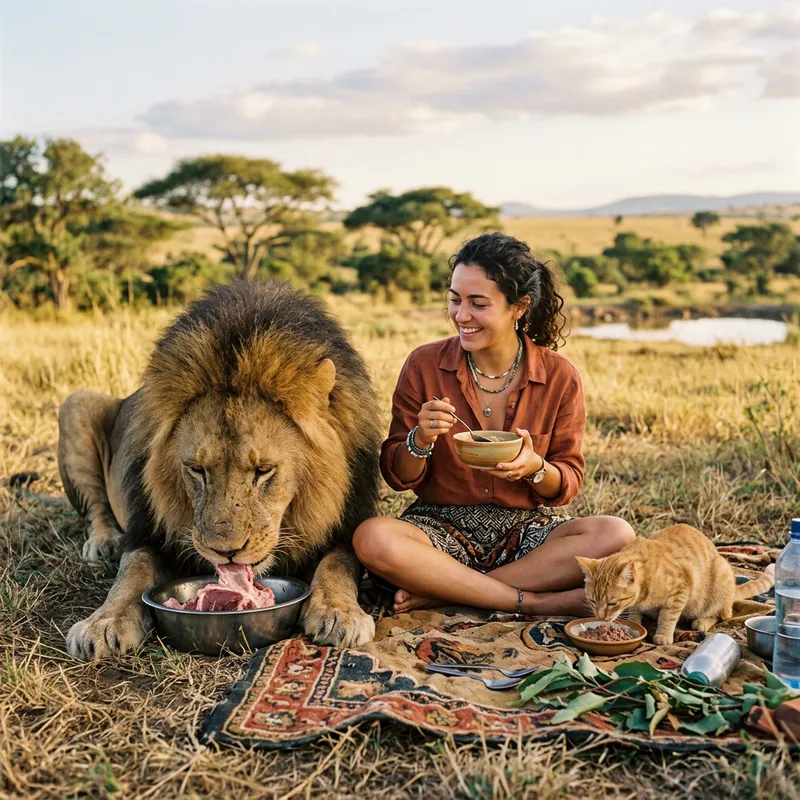 Lion and Cat Eating with a Person