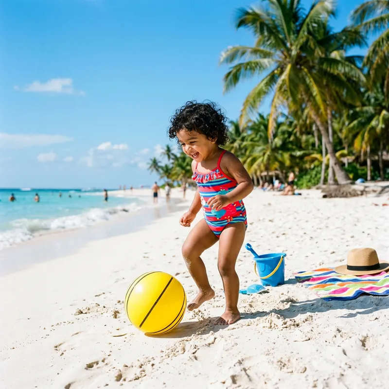 Vibrant South Asian Toddler in Red & Blue Swimsuit Playing on Sunny Beach Vibrant South Asian Toddler in Red & Blue Swimsuit Playing on Sunny Beach