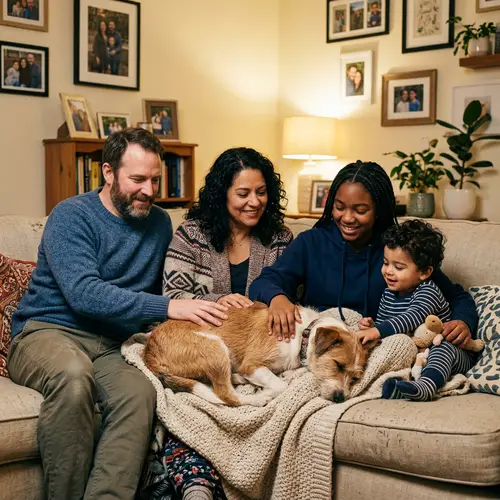 Heartwarming Family Scene with Beloved Dog on Plush Couch