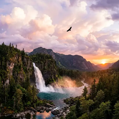 Panoramic Sky Nature Scene with Bird and Waterfall